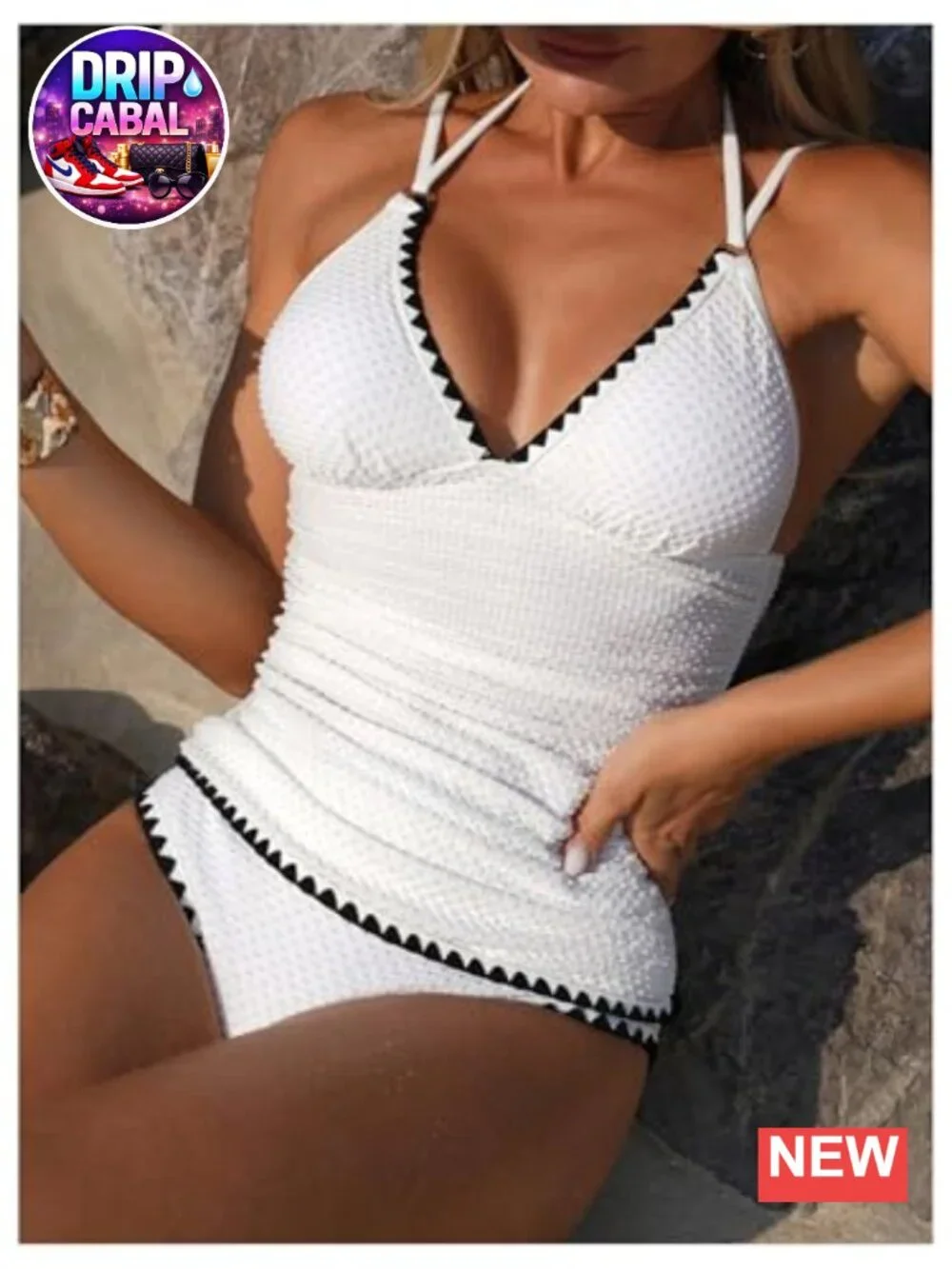 2 Piece Textured Halter Tankini Swimsuit with Tie Backless Top and Brief Bottom
